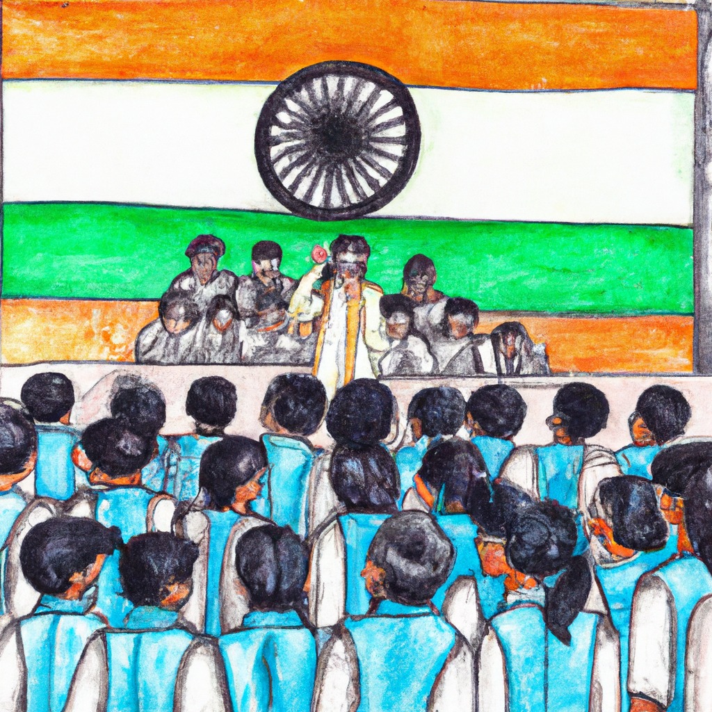 Painting of a school in India singing the national anthem in front of the national flag.